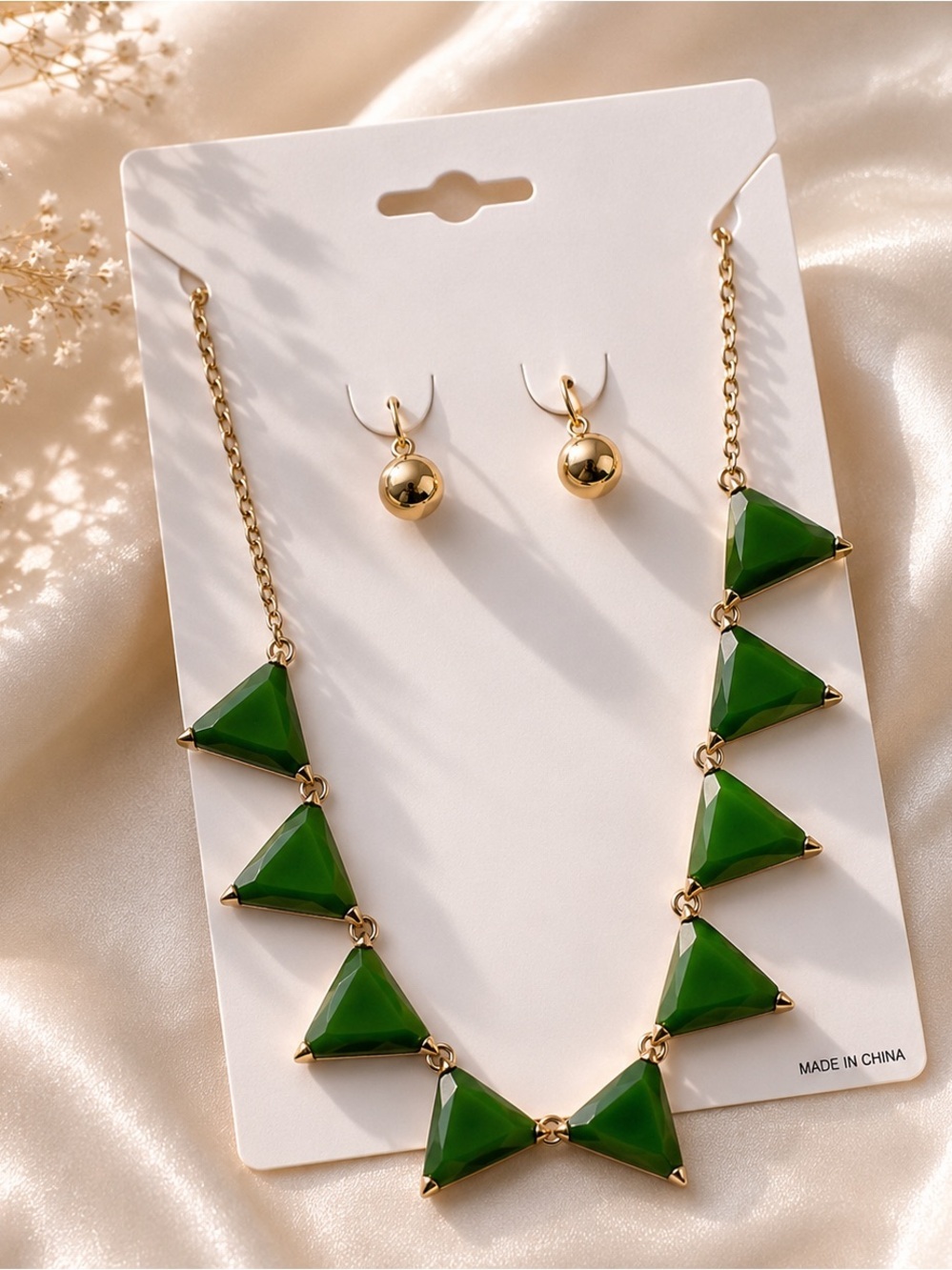 Green Triangle Necklace and Earring Set